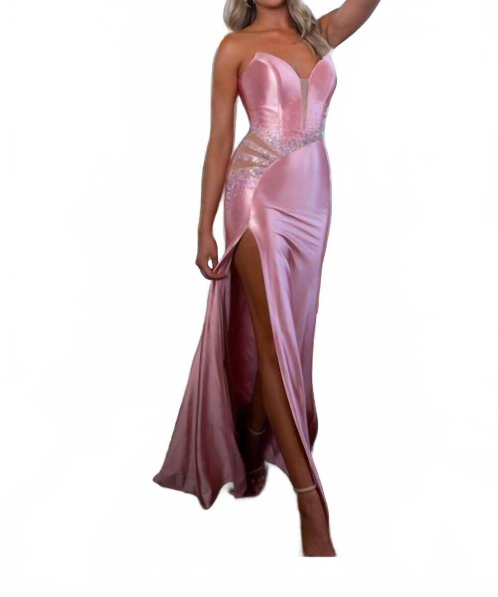 NEW RACHEL ALLAN satin strapless slit gown in rose pink